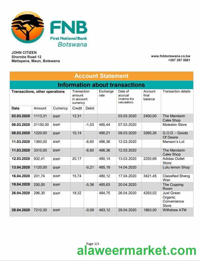 Botswana First National Bank statement